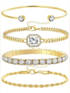 Gold Crystal Bracelet Set - Women's 4-Piece Stack